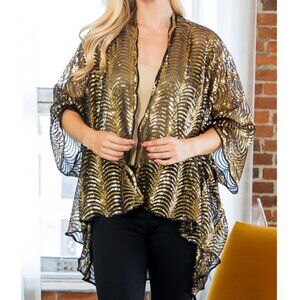Bijorca Gold Sequin Short Kimono Scallop Wave Pattern Size OS